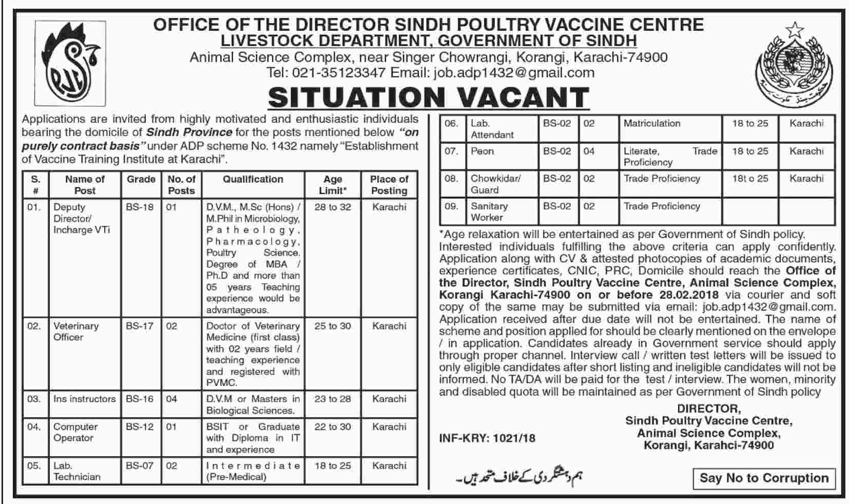 Jobs In Sindh Poultry Vaccination Center 22 Feb 2018