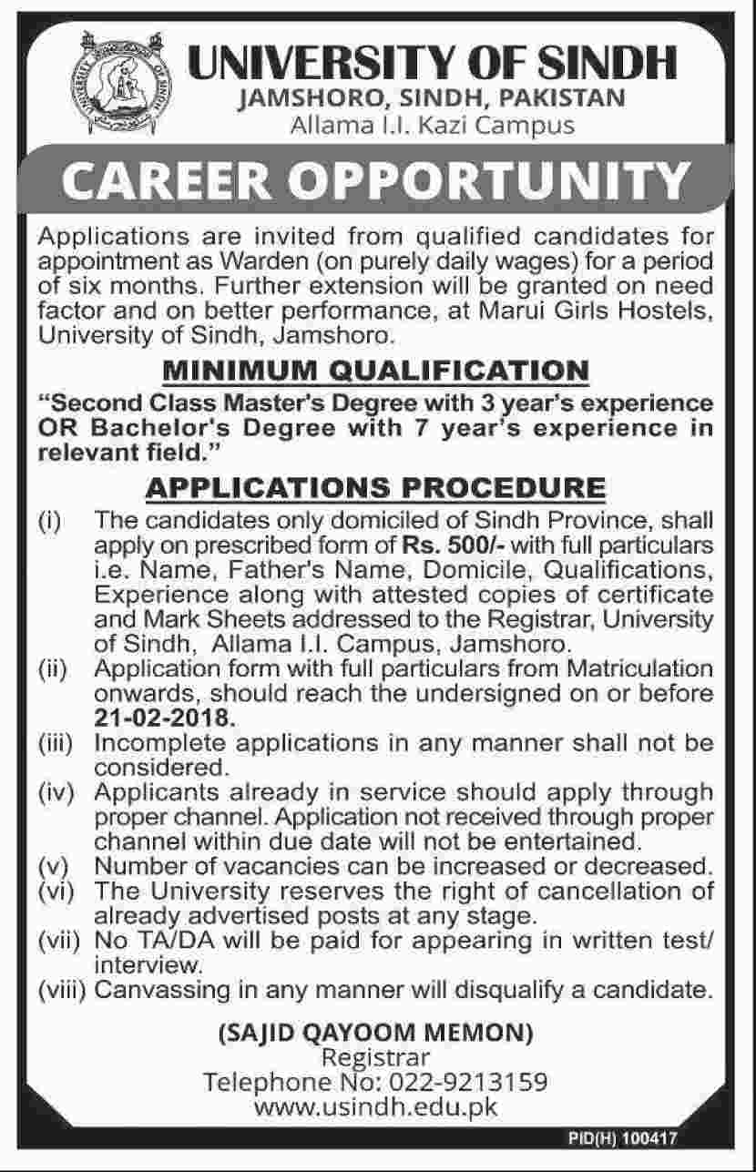 Jobs In Sindh University 25 Jan 2018