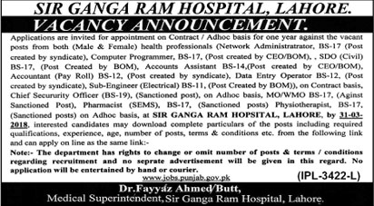 Jobs in Sir Ganga Ram Hospital Lahore 17 March 2018