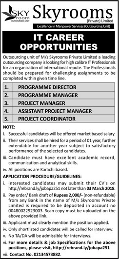 Jobs in Skyrooms Private Limited in Karachi 15 Feb 2018