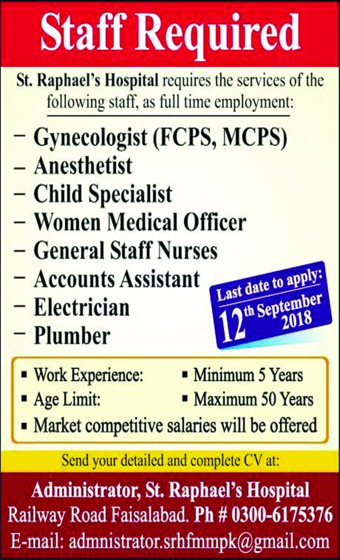 Jobs In St Raphaels Hospital Faisalabad 05 Sep 2018