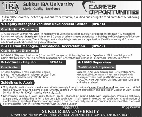Jobs in Sukkur IBA University 04 March 2018