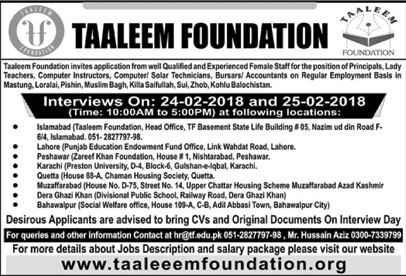 Jobs in Taleem Foundation 19 Feb 2018