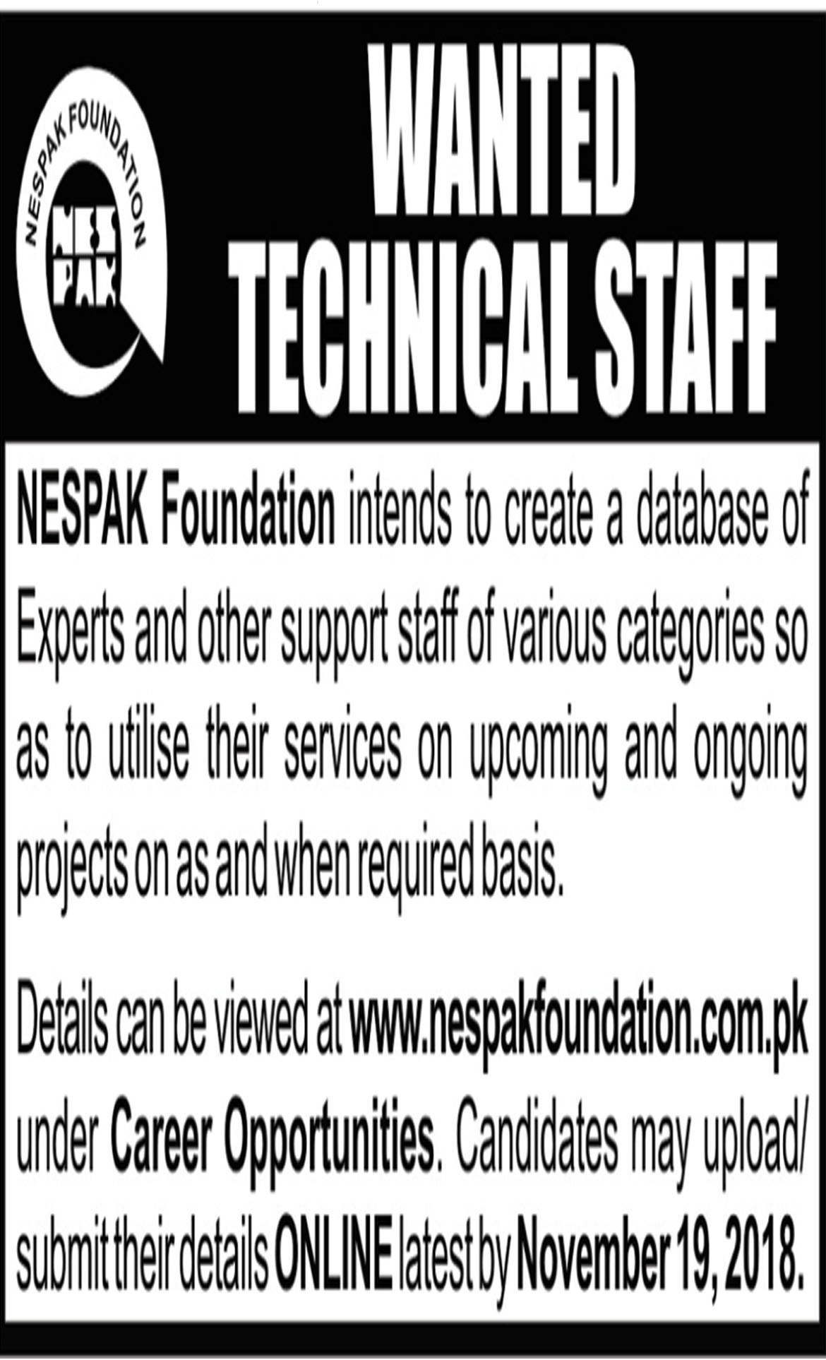 Jobs In Technical Staff Required 15 Nov 2018
