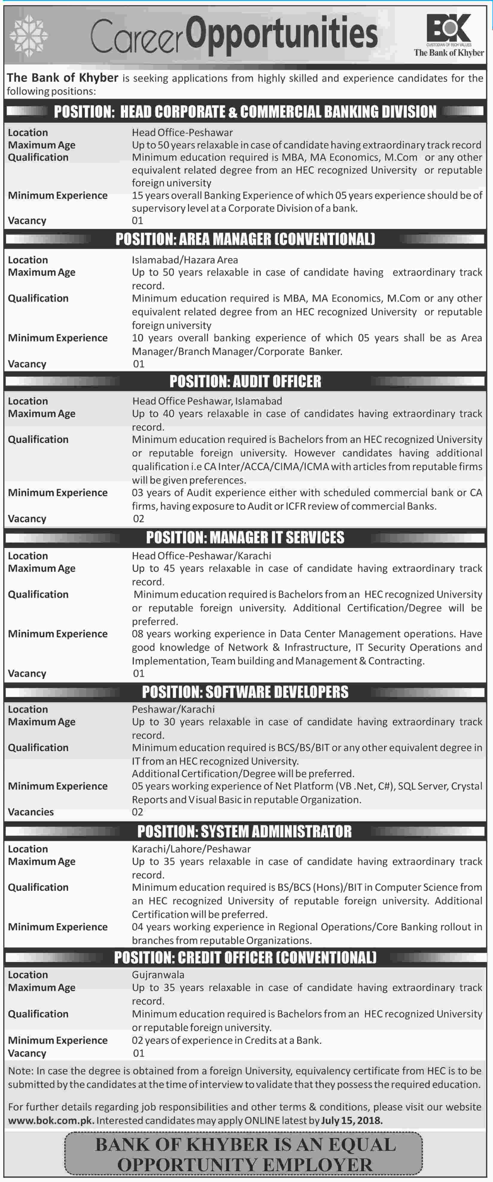 Jobs in The Bank of Khyber 01 July 2018