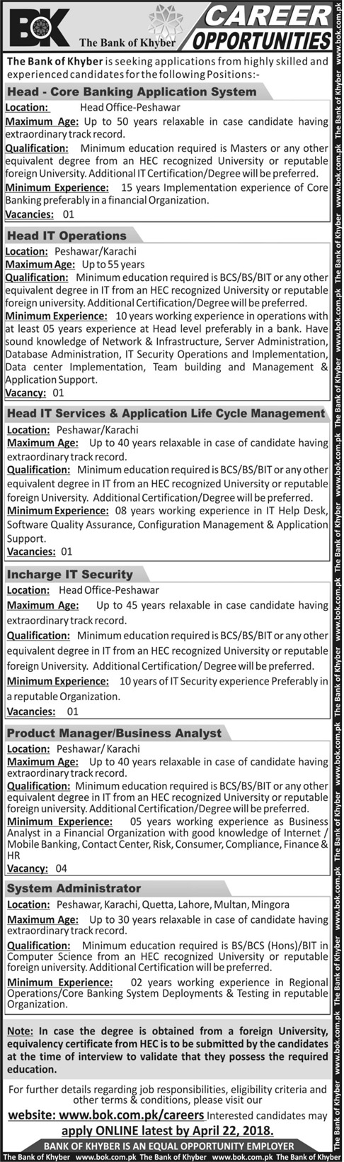 Jobs in The Bank of Khyber 08 April 2018