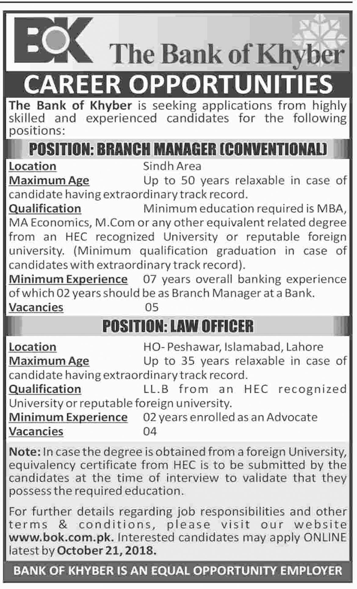 Jobs In The Bank Of Khyber 10 Oct 2018