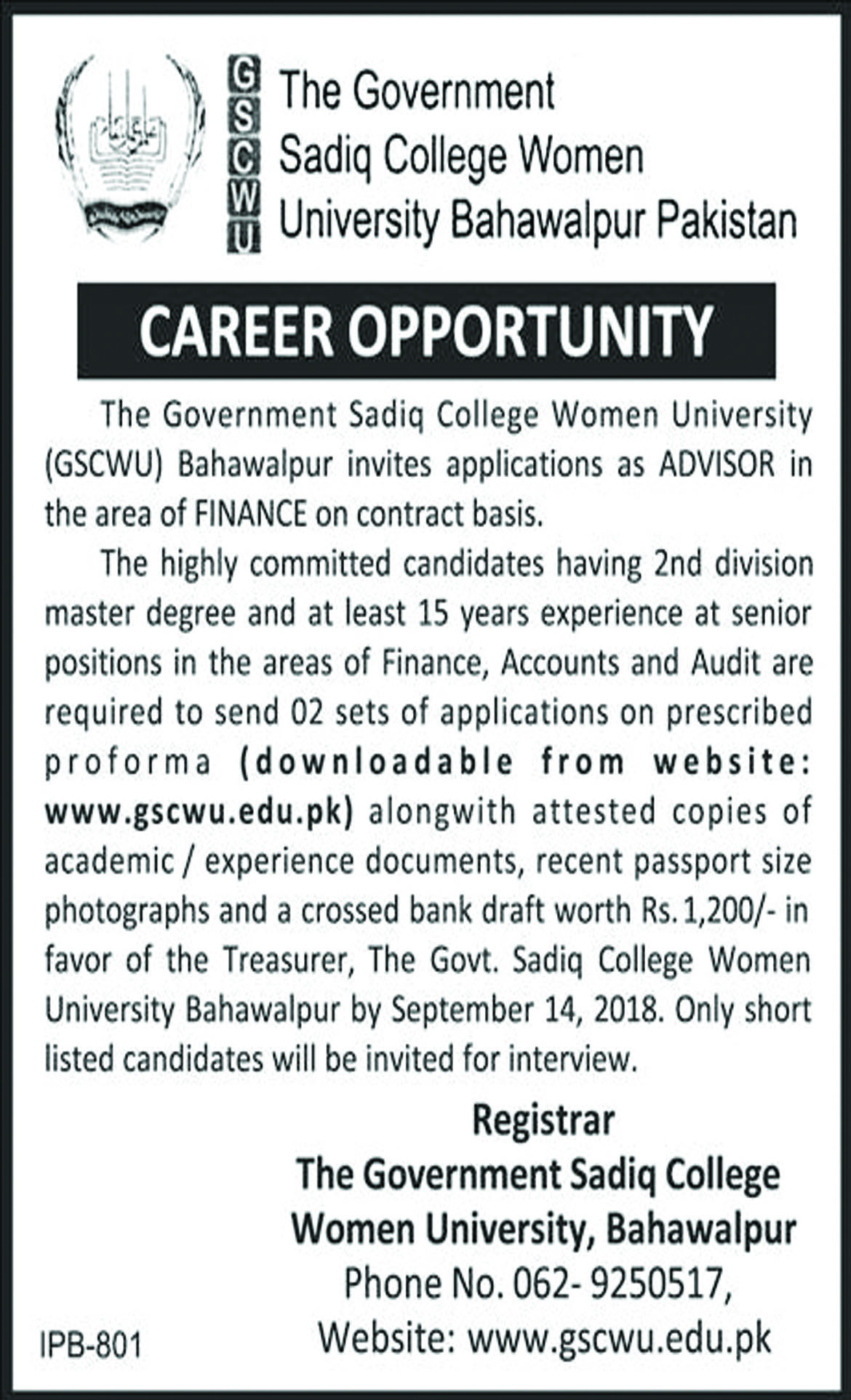 Jobs In The Govt Sadiq College Women University 04 Sep 2018