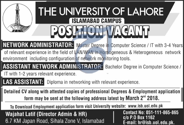 Jobs In The University Of Lahore 23 Feb 2018