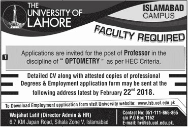 Jobs in The University of Lahore in Islamabad 15 Feb 2018