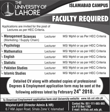 Jobs in The University of Lahore in Islamabad 17 Feb 2018