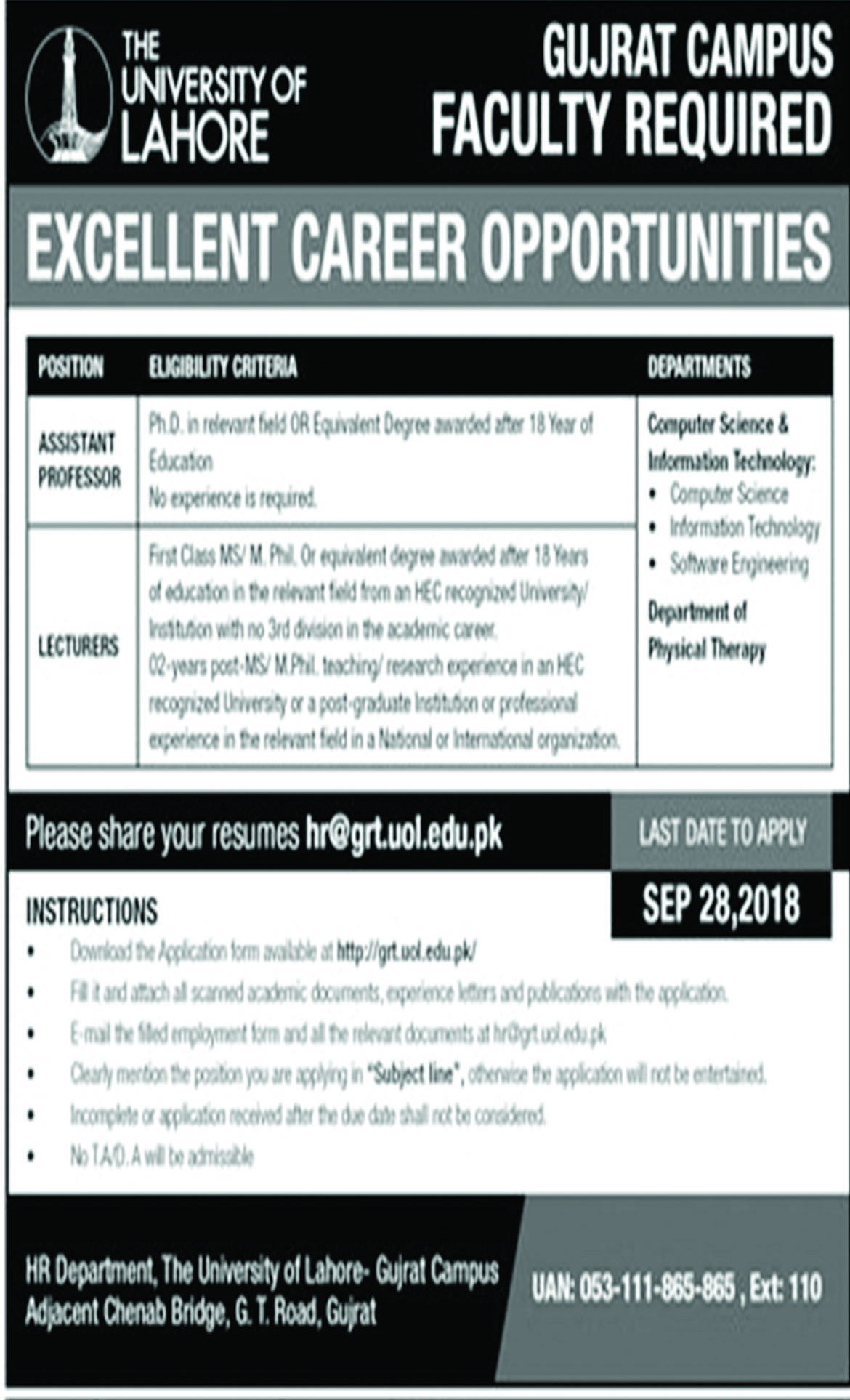 Jobs In The University Of Lahore UOL 27 Sep 2018