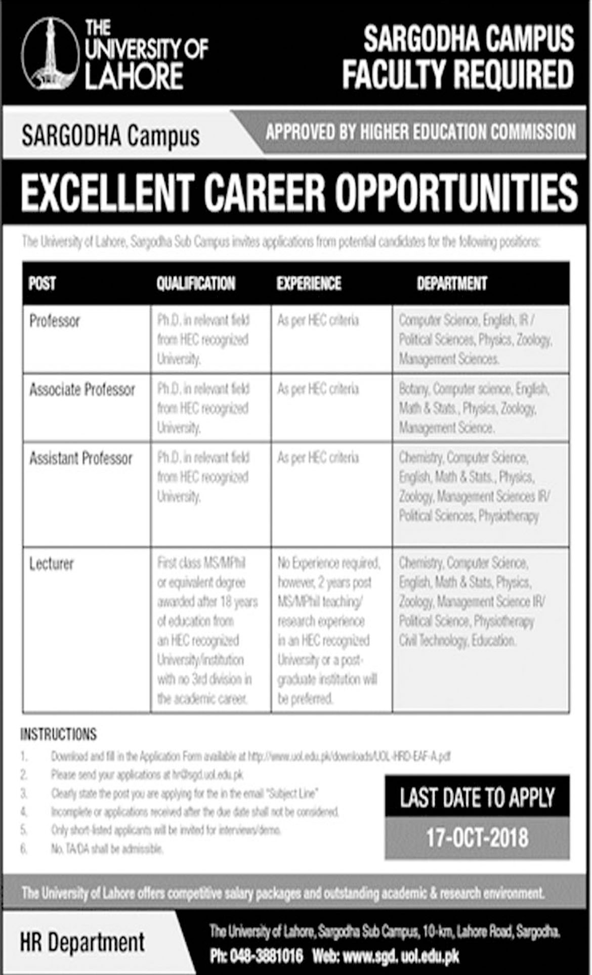 Jobs In The University Of Lahore UOL Sargodha Campus 08 Oct 2018