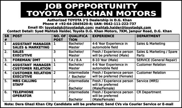 Jobs in Toyota DG Khan Motors 21 Jan 2018
