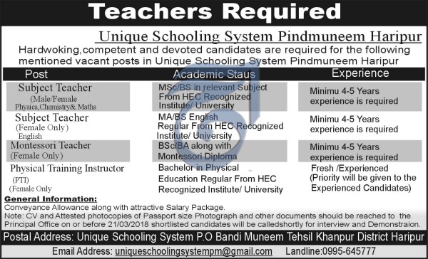 Jobs In Unique Schooling System Haripur 13 Mar 2018
