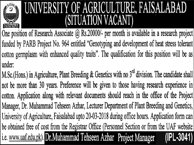 Jobs In University Of Agriculture Faisalabad 09 Mar 2018