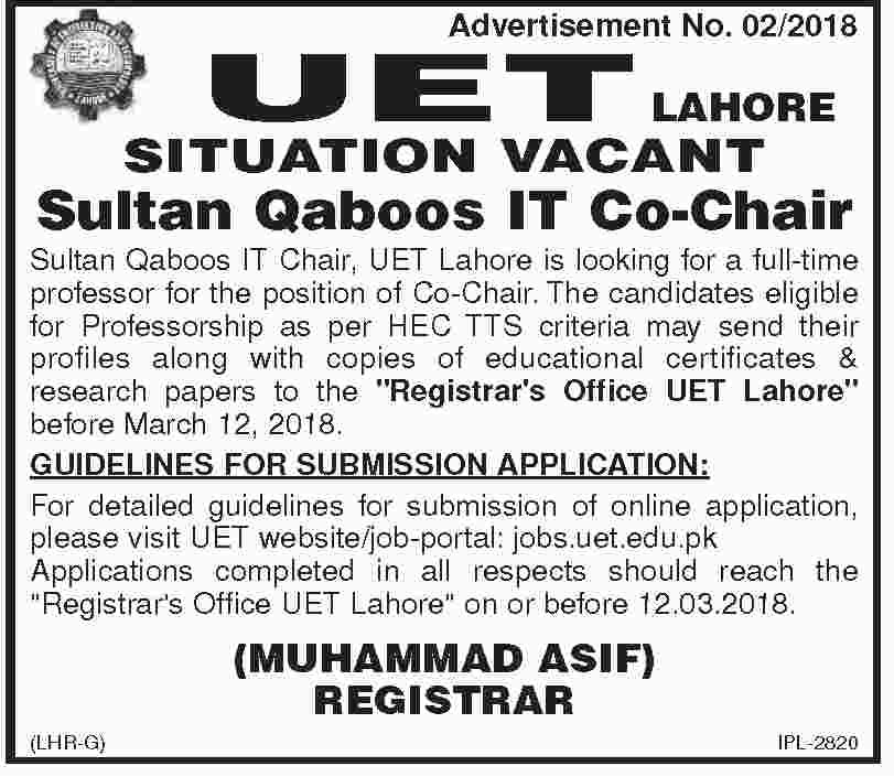 Jobs In University Of Engineering And Technology 05 Mar 2018