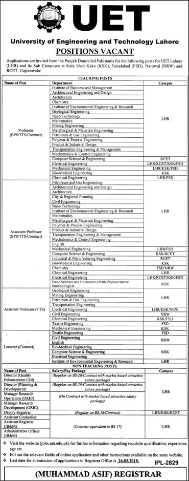 Jobs in University of Engineering and Technology Lahore 05 March 2018