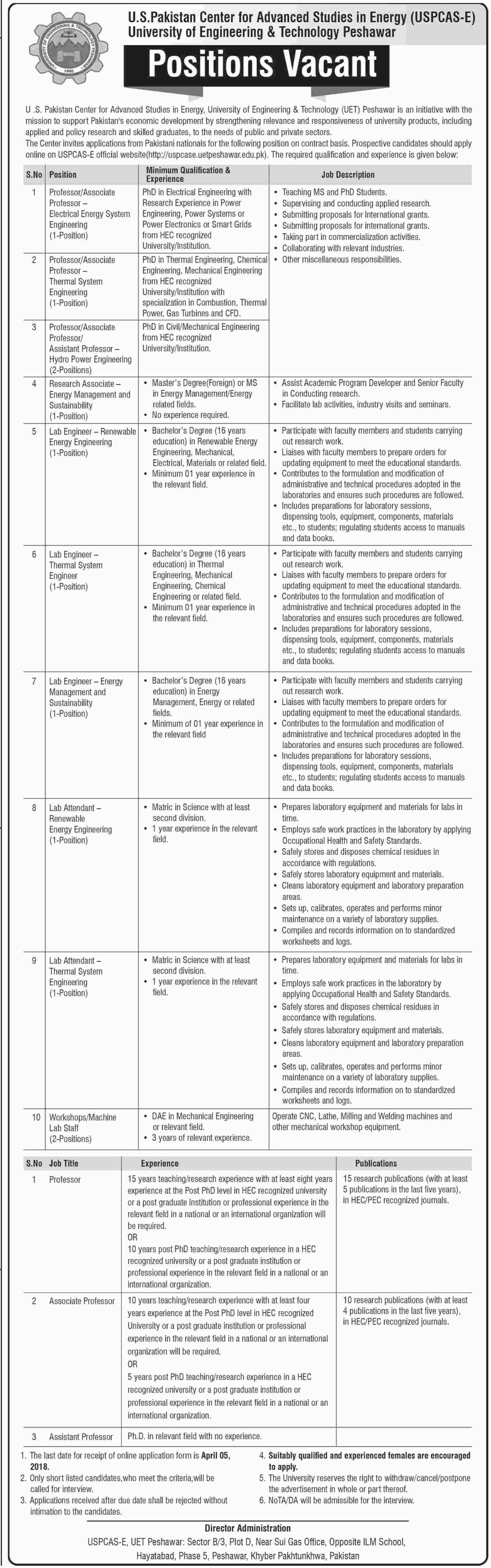 Jobs In University Of Engineering And Technology Peshawar 22 Mar 2018