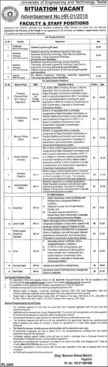 Jobs in University of Engineering and Technology Taxila 05 March 2018