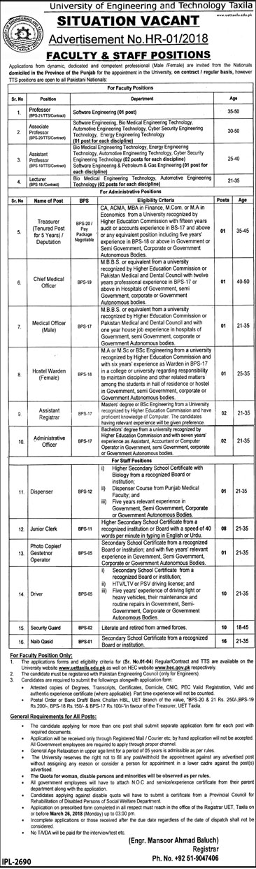 Jobs in University of Engineering and Technology Taxila 06 March 2018