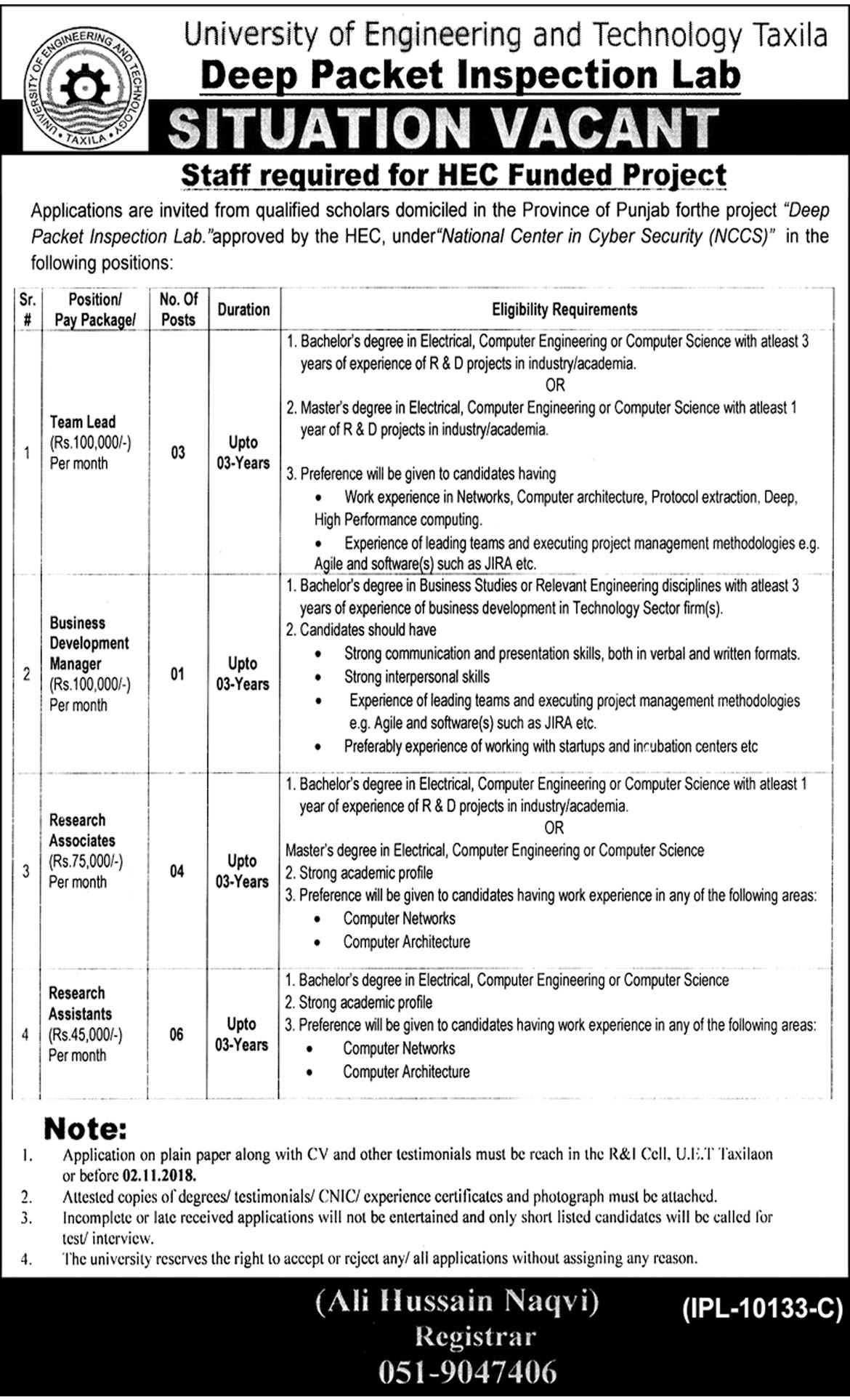 Jobs In University Of Engineering And Technology Taxila 16 Oct 2018