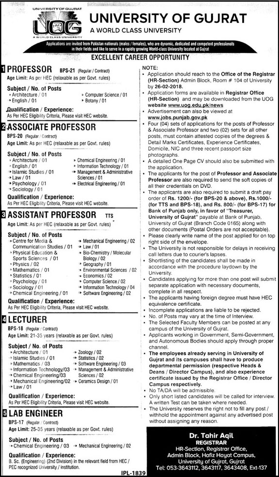 Jobs in University of Gujrat 11 Feb 2018