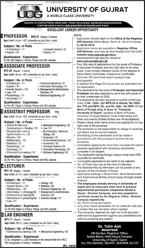 Jobs In University Of Gujrat 12 Feb 2018