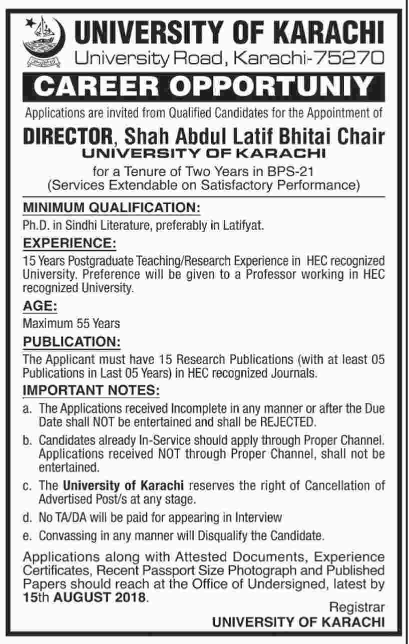 Jobs in University of Karachi 14 July 2018