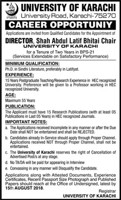 Jobs in University of Karachi 15 July 2018