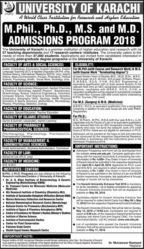 Jobs in University of Karachi 20 April 2018