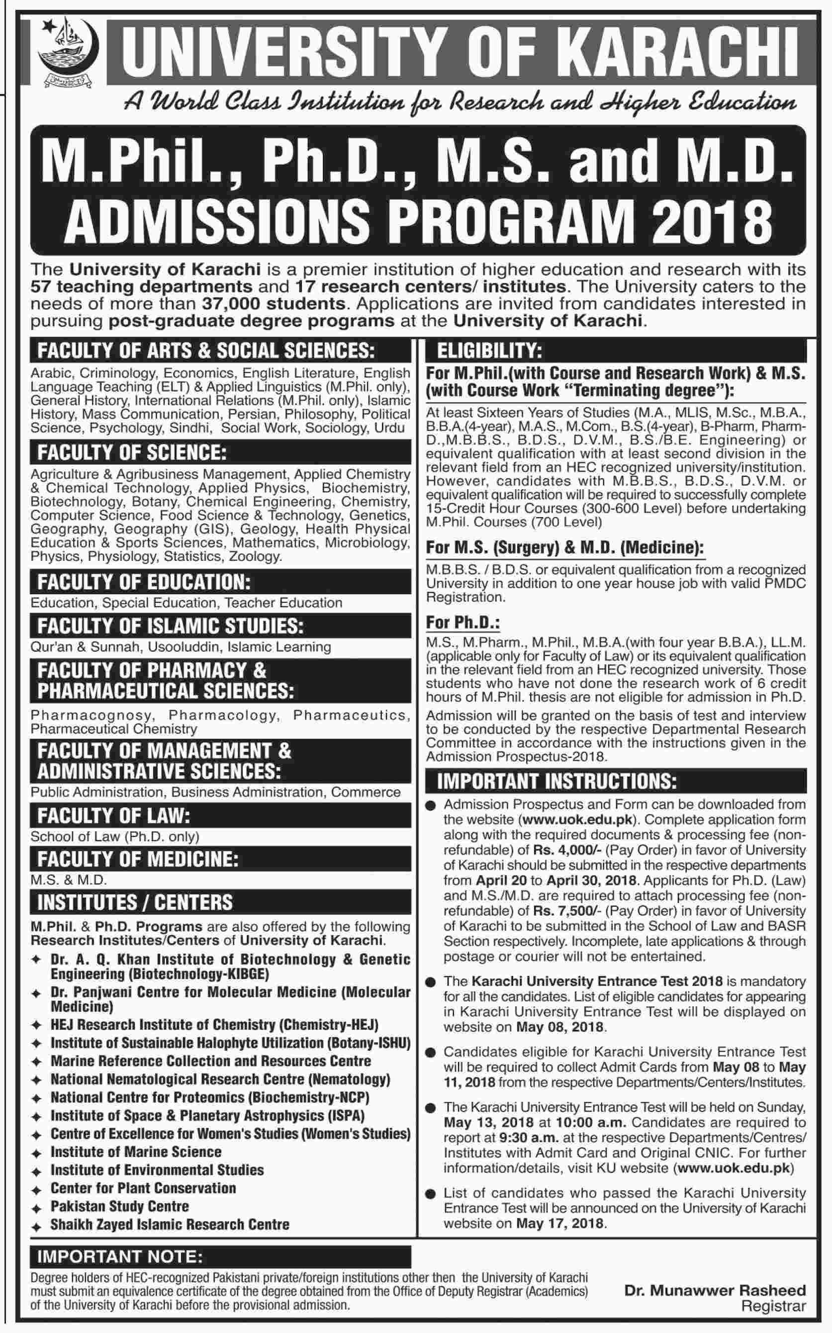 Jobs in University of Karachi 20 April 2018
