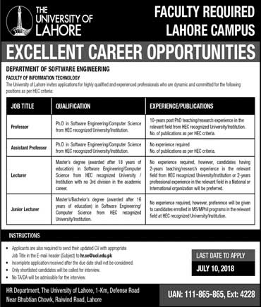 Jobs in University of Lahore 01 July 2018