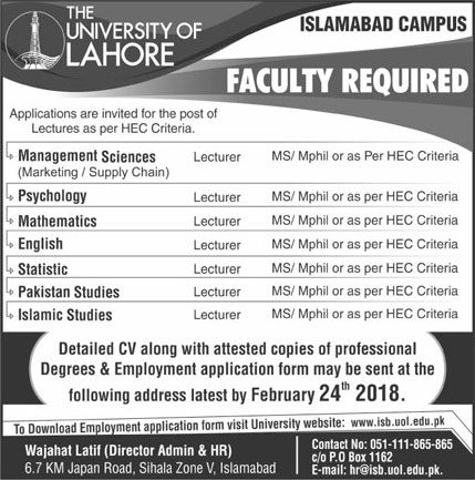 Jobs In University Of Lahore 17 Feb 2018