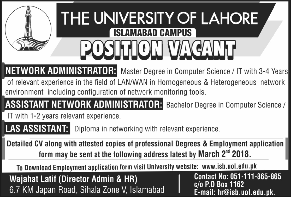 Jobs in University of Lahore 23 Feb 2018