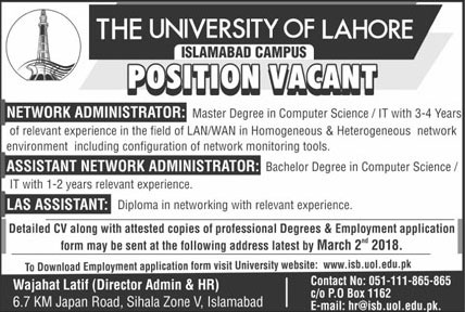 Jobs In University Of Lahore 23 Feb 2018