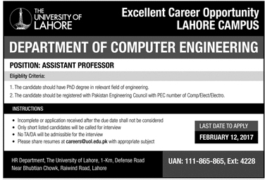 Jobs in University of Lahore Department of Computer Engineering 04 Feb 2018