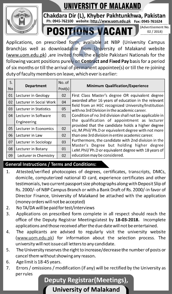 Jobs In University Of Malakand 08 Mar 2018