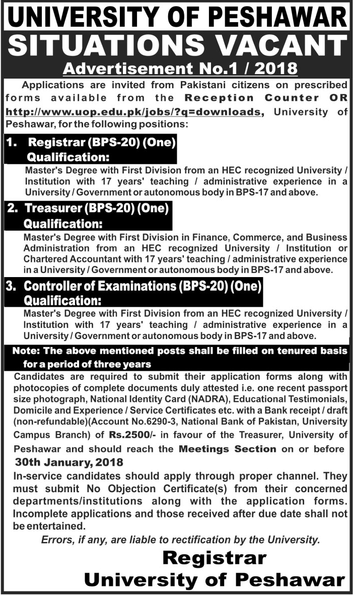 Jobs In University Of Peshawar 11 Jan 2018
