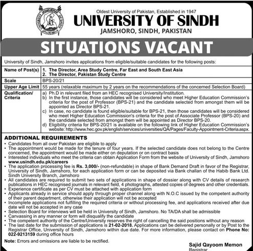 Jobs In University Of Sindh 25 Jan 2018