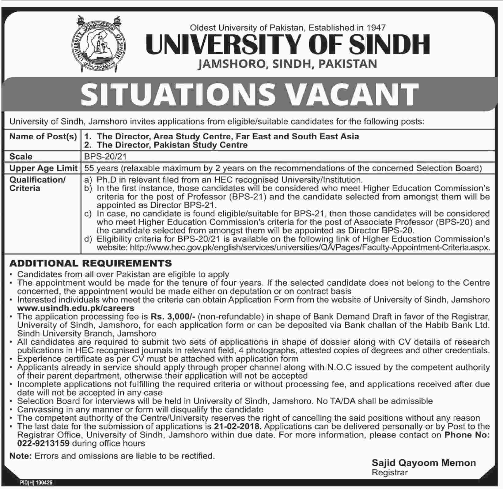 Jobs In University Of Sindh 26 Jan 2018
