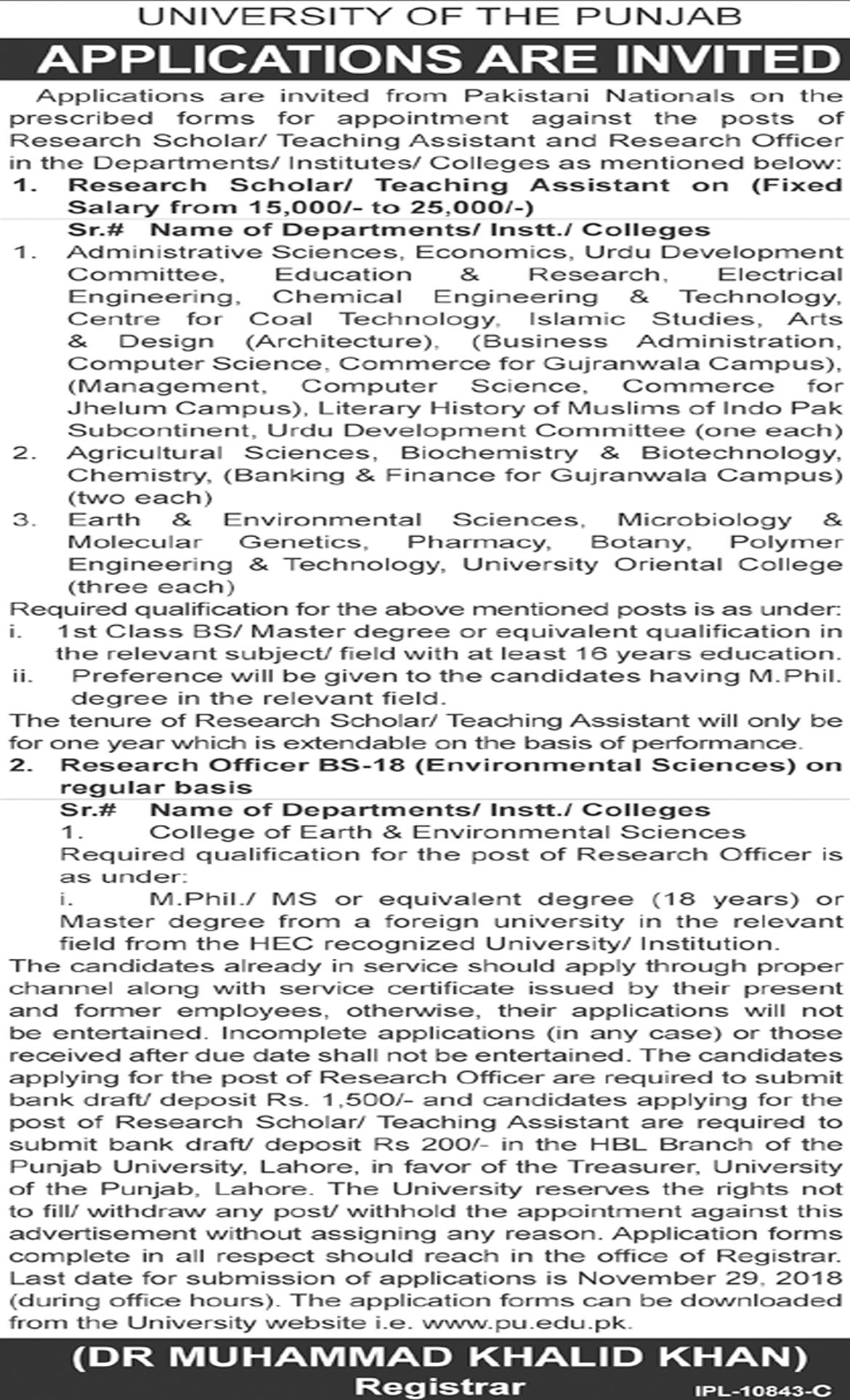Jobs In University Of The Punjab PU 15 Nov 2018