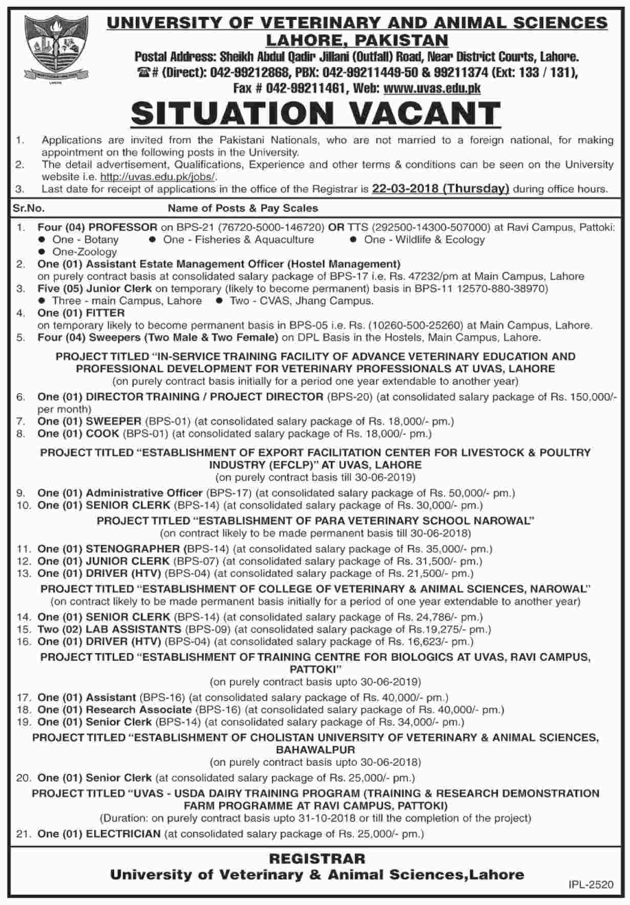 Jobs In University Of Veterinary And Animal Sciences 28 Feb 2018