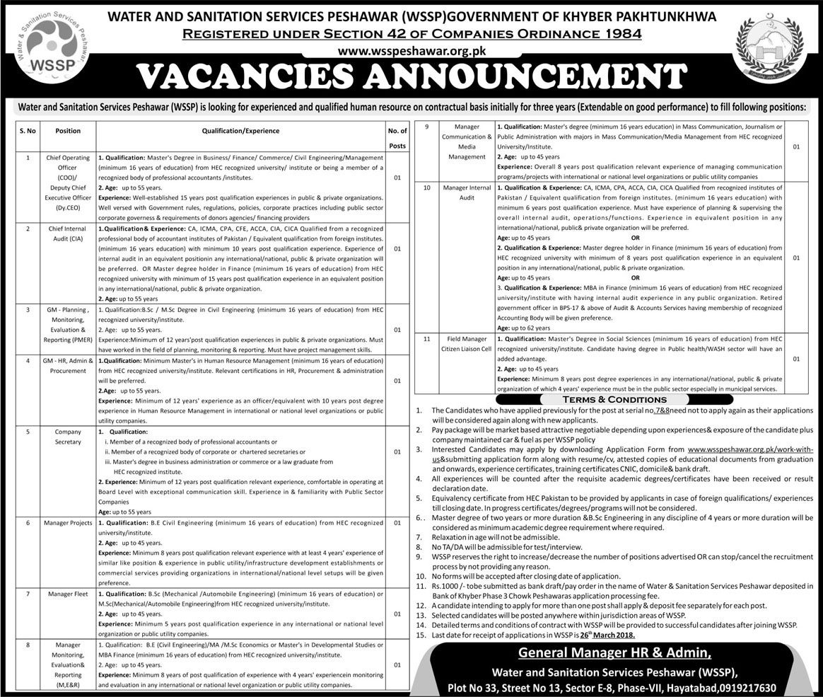 Jobs In Water And Sanitation Services Peshawar 12 Mar 2018
