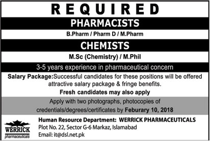 Jobs in Werrick Pharmaceuticals in Islamabad 04 Feb 2018