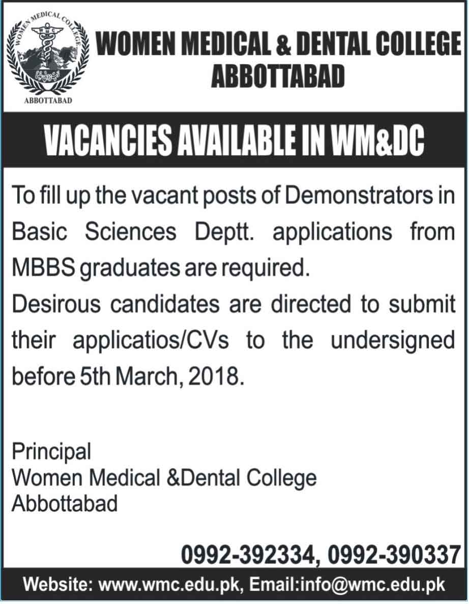 Jobs in Women Medical and Dental College in Abbottabad 21 Feb 2018