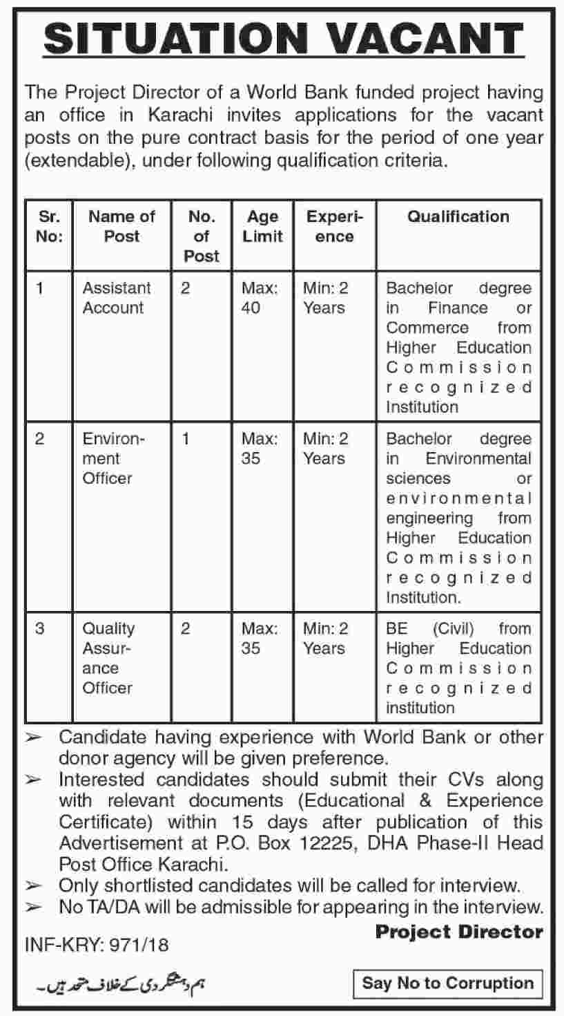 Jobs In World Bank Funded Project Karachi 19 Feb 2018