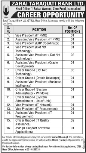 Jobs In Zarai Taraqiati Bank Ltd. 14 Jan 2018