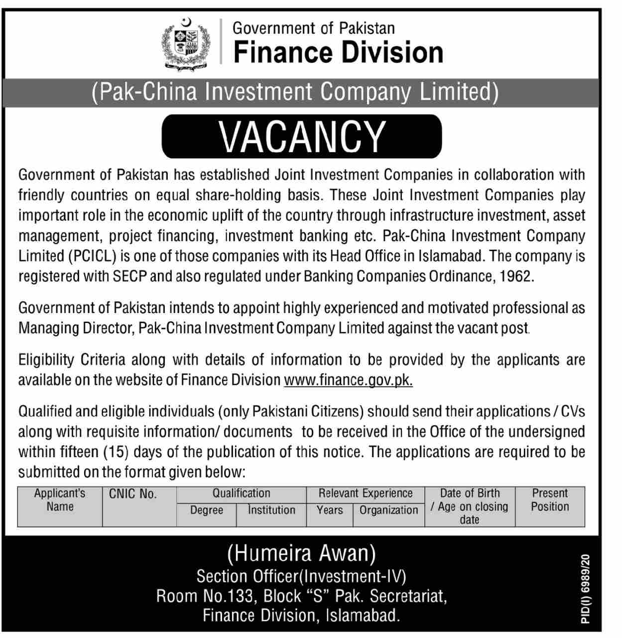 Managing Director Jobs in Ministry of Finance Govt of Pakistan Islamabad.