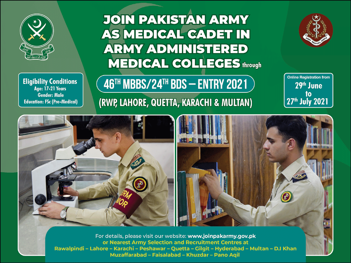 Medical Cadet new Jobs in Pakistan Army 2021 for Multiple Cities.